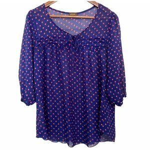 Lavish Maternity Women's Blue Pink Polka Dot Tie Neck 3/4 Sleeve Blouse Sz Large